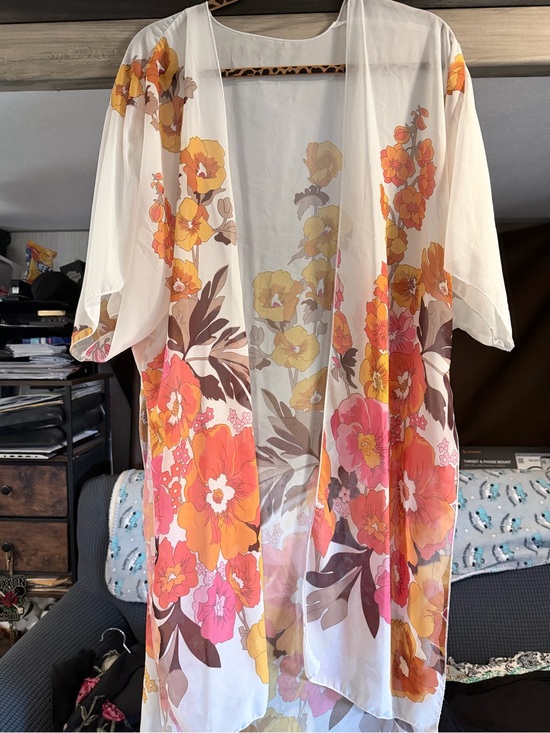 Tops - Sheer Floral Kimono Cardigan - White with Orange & Pink Floral